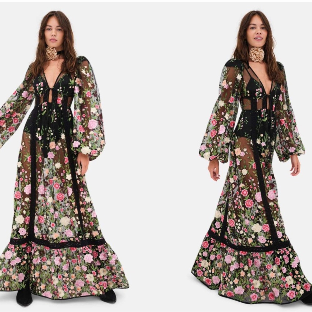 For Love And Lemons Black Floral Long Sleeve Dress